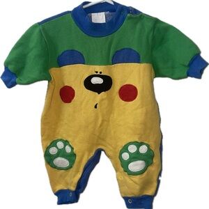 VTG 90s Hopscotch Baby Bear Animal Jumpsuit 6-9M Primary Colors Patchwork FLAWS